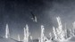 A Helicopter flying over head in heavily snow covered forested mountain.