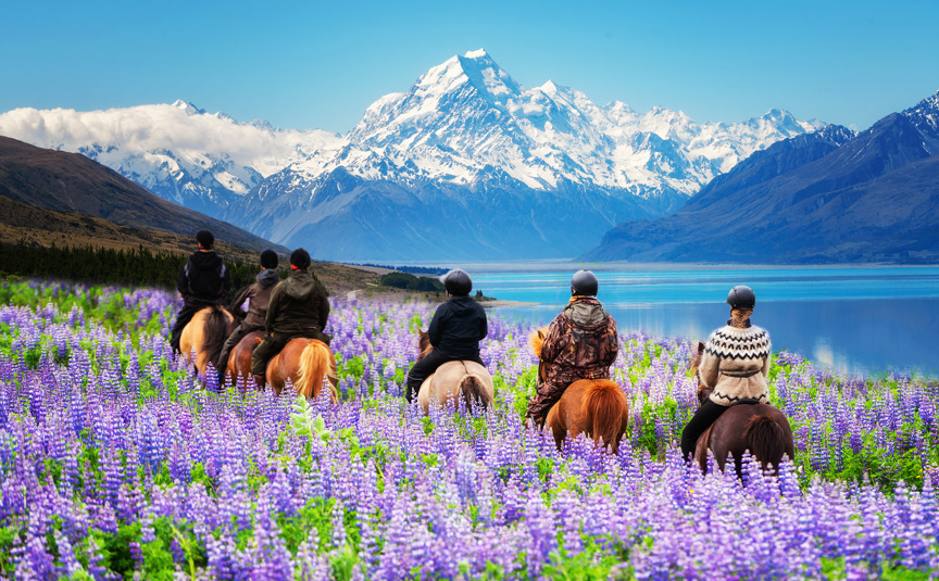 People riding horses through mountains and flowers