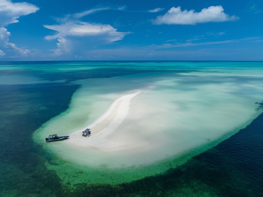 An aerial view a scorpion boat in the Bahamas.