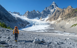 Person hiking to glacier in Canda.
